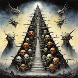 "Maslow's hierarchy of disease", concept art, segmented chambers filled with different infernal weird hybrid monsters, by Brian Bolland, by Michael Whelan, by Stephen Gammell, maslow hierarchy of needs motif with empty space between each level, eerie, surreal horror art illustration, deep colors, sharp focus, smooth."