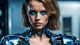 eine junge dame mit hübschen blauem kleid sieht aus wie terminator, close up, realistic