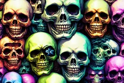 a field of 1000s of cartoonish, anatomically correct, skulls, vivid RANDOM BRIGHT neon colors, dark comedy, well lit, high detail, photorealistic, horrorcore, fun, scary, none featured, each a different color or hue,