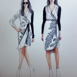 Croquis, wrap dress, white with fern leaf print, long sleeves, fashion illustration, sketch, drawing, pencil, black model, Aarón favaloro, megan hess, René gruau