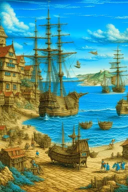 A blue village on a bay with pirate ships painted by Albrecht Durer