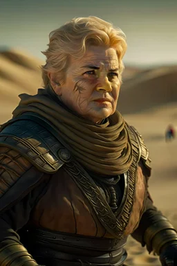 Erna Solberg as boss harkonen in a desert scene from dune, shot on Hasselblad h6d-400c, zeiss prime lens, bokeh like f/0.8, tilt-shift lens 8k, high detail, smooth render, down-light, unreal engine, prize winning