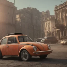 an old volkswagen car ultra realistic,wide body , rally concept, 4k ,on street,8k resolution, high-quality, fine-detail, parked in crowded city winter wide body