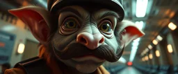 anime, airbrush and pen outline, french art mustache , extreme close up on cheeky fluffy weasel hairy goblin military prison guard news anchor elf family scumbag in the style of Escher and Giger and Fallout 4, pinhole cam, airbrush 3d rendering, on tv screen:A five-second cinematic single take in a clean industrial presentation hall.