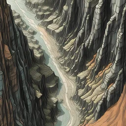 "Aerial view of a narrow chasm, with steep cliffs on either side. The chasm has jagged edges, creating an imposing and treacherous terrain. The illustration is done in the style of a battle map, with detailed features and textures to convey the rugged nature of the landscape."