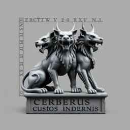 perro de 3 cabezas-cerbero estilizado antiguo con un marco elegante con runas y el nombre "cerberus custos infernis" en la base, todo en escala de grises, nada de color, estilo estatua de piedra