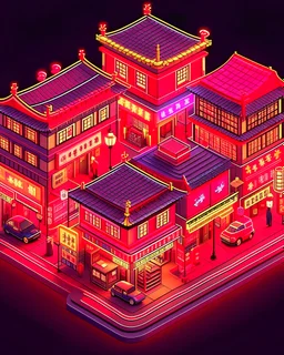 cute isometric china town, cutaway box, traditional, night lights, neon sign, hanging lanterns, electric posts with lamps, old taxis. highly detailed, made with blender, promotional brochure