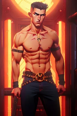 Ignore NSFW, teenager young rugged attractive slightly muscular fantastic handsome man, red briefs with yellow belt, hairy chest, (((visibly pisssing))) briefs, large erect visible boner peniss, photorealistic, artist Jay Anacleto, soft lighting, scruffy beard