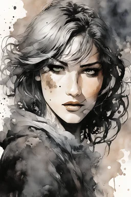 ink wash and watercolor illustration of a girl, with highly detailed hair and facial features in the comic book art style of Bill Sienkiewicz and Frank Miller, 4k, bold and detailed inking and shading, vibrant natural color