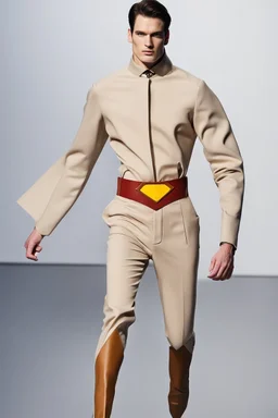 winter fashion runway modern clothes inspired by Superman style clothes, elegant beige tones