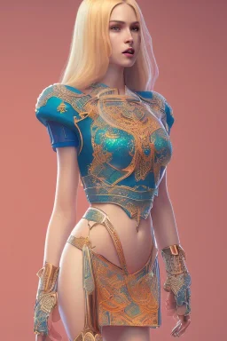 isometric clean art of super beautiful voluptuous lady, soft lighting, shin hanga high definition, blender 3d, beautiful, long hair, bismuth filigree blonde hair, skin-tight shiny orange and teal leather cropped top and waist-length miniskirt