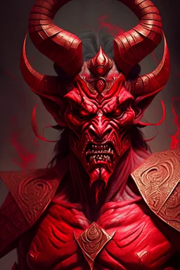 A demon wearing a red pharaonic suit and angry face