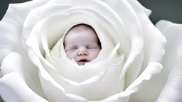 in the middle of a white rose a very faint, transparent face of a baby can be seen, nightmare, surreal, dark fantasy