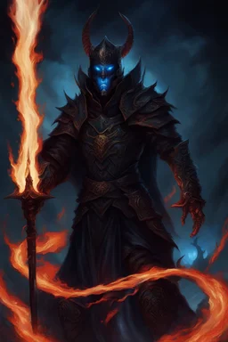 A warrior with a matte black combat helmet and eyes with bright blue flaming pupils, a black cape and a long coat with long combat boots and a long, sharp and fiery spear and with his helmet under A picture of hell with hellish people in tormenthis cape and two blue flames instead of eyes