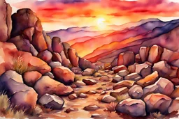 Sunset, rocks, mountains, rocky land, epic, watercolor paintings