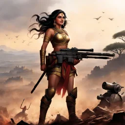 she smiles, ready to fight, in dust, rust and blood, her body is covered with cartridge belts a terrible machine gun in her hands, she stands on the hill, the battlefield of Mahabharata, surrounded by deities of all kind fighting with powers and middle age weapons
