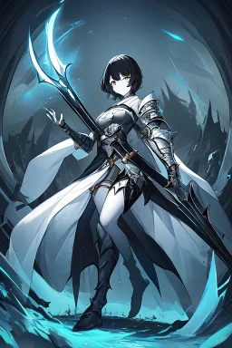 Anime girl with short black hair and sharp green eyes holding a menacing spear, black and white metal armour, full body shot, Dark lighting