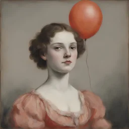 A woman with freckles, with a balloon at the circus, 1850, red, orange, pink