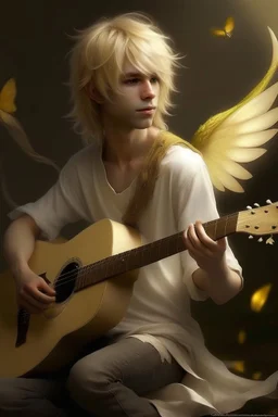 fee, männlich, Flügel wie eine Libelle, hellblondes, fast weißes, unordentliches Haar, Laute spielend, lange spitze Ohren, goldene Augen, realistisch, kindliches aussehen