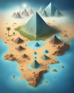 A fantasy map of an island with 2 different climates; one half desert, and pyramides and one half rainy and blue