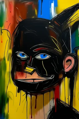 in abstract art Basquiat, Picasso, colorful acrylic colors representing, with expressive character--ar 16:9 --no text letter font. –c 40, Buffet and Picasso style, black canvas