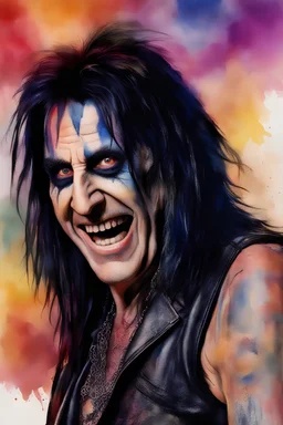 text "MOTLEY CRUE", head and shoulders portrait, Motley Crue Alice Cooper - well-shaped, perfect figure, perfect face, laughing, a multicolored, watercolor stained, wall in the background, professional quality digital photograph, 4k, 8k, 32k UHD, Hyper realistic, extremely colorful, vibrant, photorealistic, realistic, sharp, highly detailed, professional quality, beautiful, awesome, majestic, superb, trending on artstation, pleasing, lovely, Cinematic, gorgeous, Real, Life like, Highly detailed,