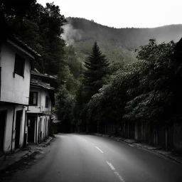 A photography depicting a street going up to a moutain, with odd houses, horror movie shot, terrifying trees