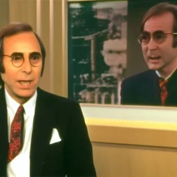 Tom Snyder in a suit leaning forward to talk to John Lennon, 80's television screengrab