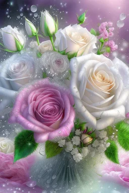 A huge, juicy lush bouquet of pale pink and white roses with gypsophiles and purple lilac, complex, amazing, magical delicate, the color of the sun, mint, sparkling dew drops, dawn, magically, in pastel transparent tones, hyper realistic, beautiful lumen, glitter, professional photo, 3d, realistic, 64k, high resolution, high detail, cgi, hyperrealism, f/16, 1/300s. highly detailed digital painting, bright and juicy photorealistic painting, solar illumination in the background