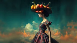 there is a woman in a dress and a hat with fruit on her head, inspired by Arik Brauer, surrealistic digital artwork, inspired by andrey ryabovichev, abstract surrealism, beautiful digital artwork, inspired by Ignacy Witkiewicz, inspired by Darek Zabrocki, stunning digital art, surreal digital art, gorgeous digital art