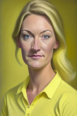 realistic Portrait of a woman in her thirties pastel yellow shirt and dark blonde hair. she looks like a politcian