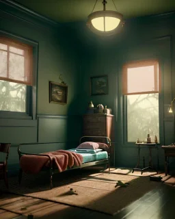 Room scene with alligator sleeping, Wes Anderson styler, concept art, smooth, unreal engine 5, god lights, ray tracing, RTX, lumen lighting, ultra detail, volumetric lighting, 3d.