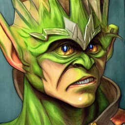 dungeons and dragons, fantasy, goblin, king, green skin, watercolour, large strokes, distinct face, portrait, head, crude crown