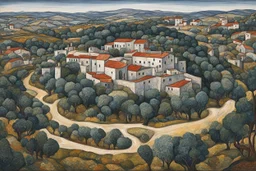 a painting of a placid 16th century Spanish villa set amidst a landscape of ancient olive groves by Jean Dubuffet