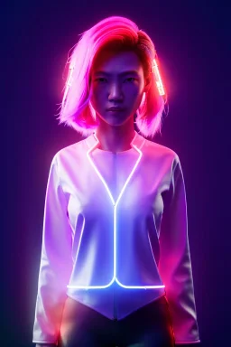 Medium shot body portrait, Asian cyborg woman :: symmetry photography, cyberpunk, pink hair, makeup, long line eye, light iris, :: latex coat, wires and circuits, pink, white, black :: cinematic, Ultra realistic, dark scene, soft color, highly detailed, unreal engine 5, RTX, ultra detail, 3d, finely drawn, high definition.