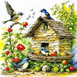 An old stone farmhouse, under the tiles a swallows' nest, in the nest three baby birds, a swallow flies around the nest, hollyhocks along the walls, hay, a cat watching the birds, pension sketch