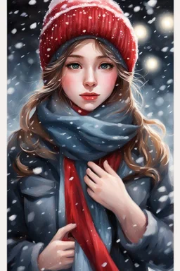 Painting of a cute girl in a red hat and scarf, pretty face, snowfall in the background, bright night