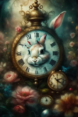 The fairy tale "Alice in Wonderland", a rabbit with a clock hurries among the bushes of vintage roses Oil on silk, work of art, hyperdetalization, professionally, filigree, misty haze,surrealism, transparent, delicate pastel tones, backlight, grunge style, three-dimensional watercolor, aesthetically pleasing, beautiful, realistic, high resolution, high detail, ISO 100 photosensitivity and aperture f/2.8, 1/250 with a 30 mm lens, 32 KB