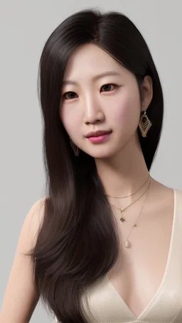 4K Photorealism : 30 year old Asian woman with a full body with a proportional body, symmetrical face, precise clean brown eyes, long flowing hair, precise chest accentuation, showing typical Japanese clothing