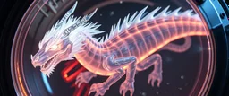 The image depicts a fantastical space general ship snow soup, specifically a transparent dragon with neon flash aura, with a unique and whimsical appearance. The dragon is positioned in a circular frame, which suggests it might be inside a container or a vessel. The dragon's body is elongated and has a segmented appearance, with a detailed texture that gives it a realistic look. Its head is covered with white, spiky hair, adding to its fantastical charm. From the weird dragon lab.