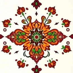 Symmetrical Looking Colorful Pakistani Cultural Art Pattern With Traditional Looking Floral Patterns Drawn (Using Colors Like: Glowing Golden, Orange, Maroon, Green and Brown) On Wall Background.