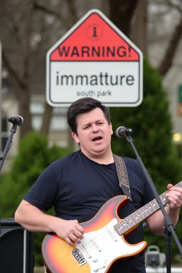 a very immature adult man playing music, south park, sign in background that says "Warning!" "immature"