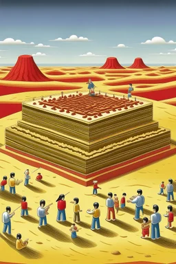 giant match box with pepe on the top smoking in the desert with small people around n the style of Hiroshi Nagai