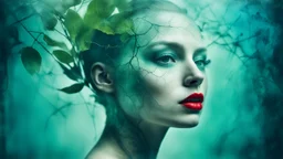 old retro photograph, light vignette, faded, worn and cracked, double exposure, surrealism, female humanoid from another world, red lips, half body, greenish blue pale transparent glowing skin, bald head, plants growing out of head, tattoo on head, alien transparent eyes, double exposure, hyperdetail, double exposure, Anna Razumovskaya, Anna Dittmann, Luis Royo, Neo-impressionism, expressionism, oil painting. Bold, detailed and textured brushstrokes reminiscent of Royo and Peter Coulson. Deep co