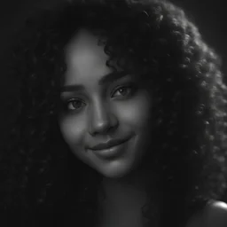 one black color girl, curly hair, background black color, very lighting eyes, eyes are black and white, photo focus his face, like smiling, beautiful look, scenter of photo, cinematic lighting, volumetric lighting, lighting, High quality, do not blur photo, octane rendering, 16k