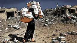 A Palestinian woman wearing a dress carrying very large bags of flour on her back, bending her back down in the destroyed Gaza City, and aid boxes descending from planes near the sea, with a large number of children looking up.