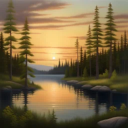 realistic painting of a tranquil wilderness scene with a peaceful lake surrounded by towering pine trees at sunset