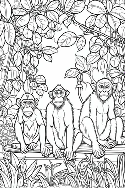 Outline art, no shading, monkeys full body in the garden, cartoon style, black and white, low detail, --ar 9:11