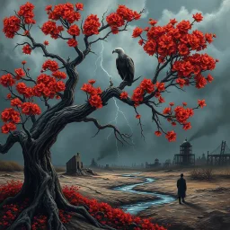 create a cinematic acrylic painting of a gnarled autumn tree blooming with red warning-like flowers, icy-necked vulture perched on a dark limb, grey lightning-filled sky, broken buildings and skeletal structures on the horizon, dry river snaking through the earth, lone silhouette walking away, dark and moody with high visual contrast --v 7 --ar 16:9