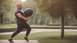 الصورة تُظهِر رجل يقوم بممارسة التمارين الرياضية في الهواء الطلق، حيث يرتدي ملابس رياضية ويمسك بالأوزان. تعكس الصورة التحفيز والتفاني في تحقيق نمط حياة صحي ومتوازن من خلال ممارسة النشاط البدني. تُجسِّد هذه الصورة أهمية الحفاظ على الوزن المثالي وتوجيه الجهود نحو الوقاية من السمنة والسرطان من خلال النشاط البدني اليومي.